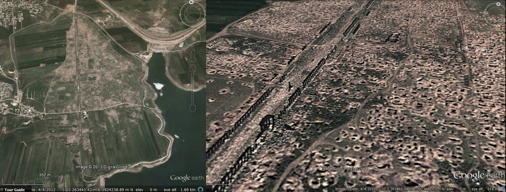 Looting at Apamea, DigitalGlobe image from Google Earth - 04 April 2012. Left: Extent of the looting Right - close-up view along the colonnade